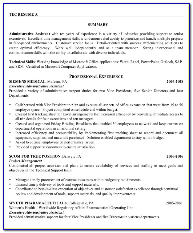 Free Sample Resume For Administrative Assistant Position