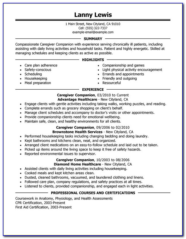 How To Make Resume For Caregiver Position