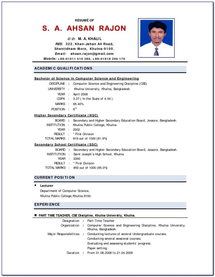 Indian Teacher Resume Format Download