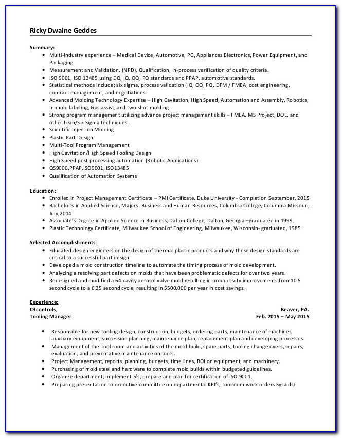 Injection Moulding Process Engineer Resume