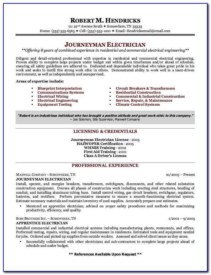 Journeyman Electrician Resume Example