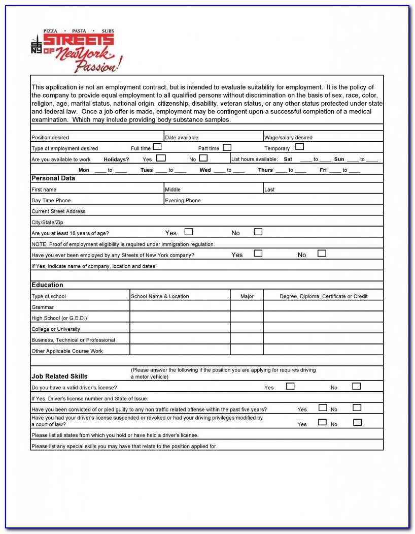 Nys Employment Application Template