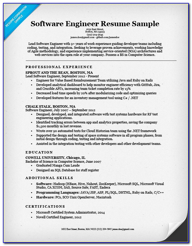 Professional Resume For Software Engineer Fresher