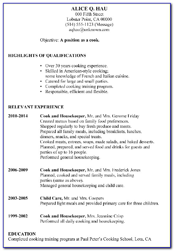 Resume Examples For Cooks