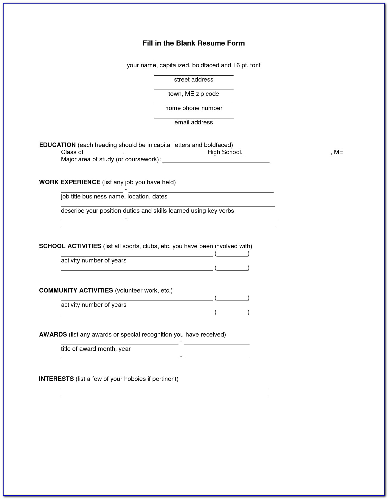 Resume Fill In The Blank Pdf