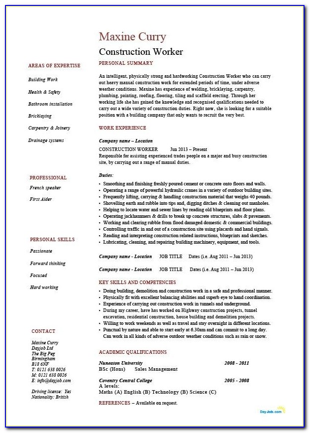 Construction Worker Resume, Building, Example, Sample, Job Intended For Construction Worker Resume Template