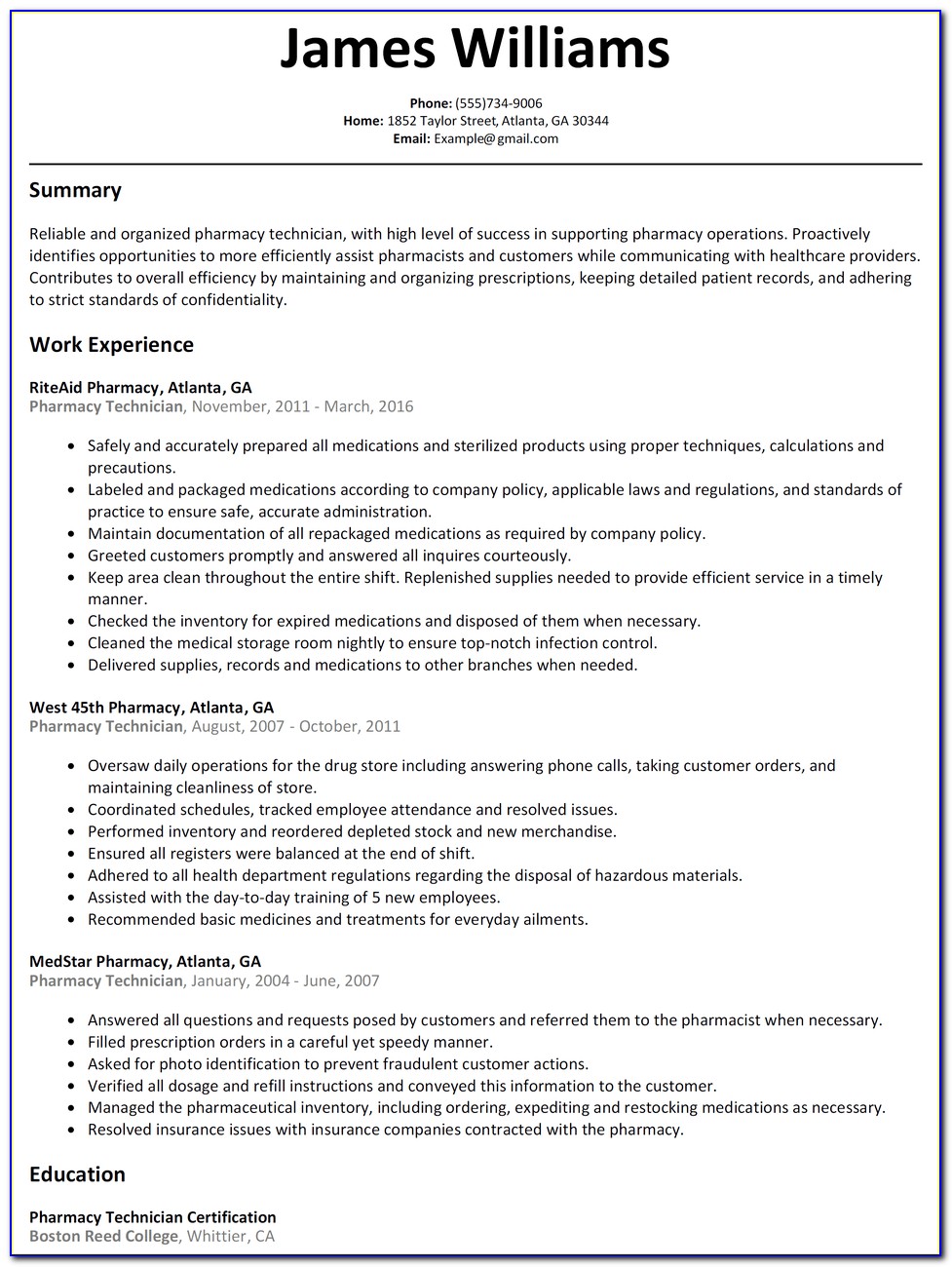 Resume For Cvs Pharmacy Technician