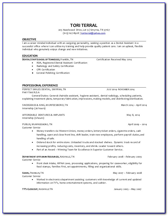 Resume For Dental Assistant With Experience