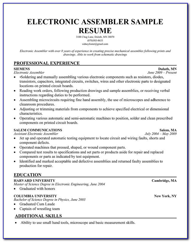 Resume For Electronic Assembler
