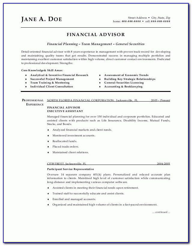 Resume For Financial Advisor Trainee