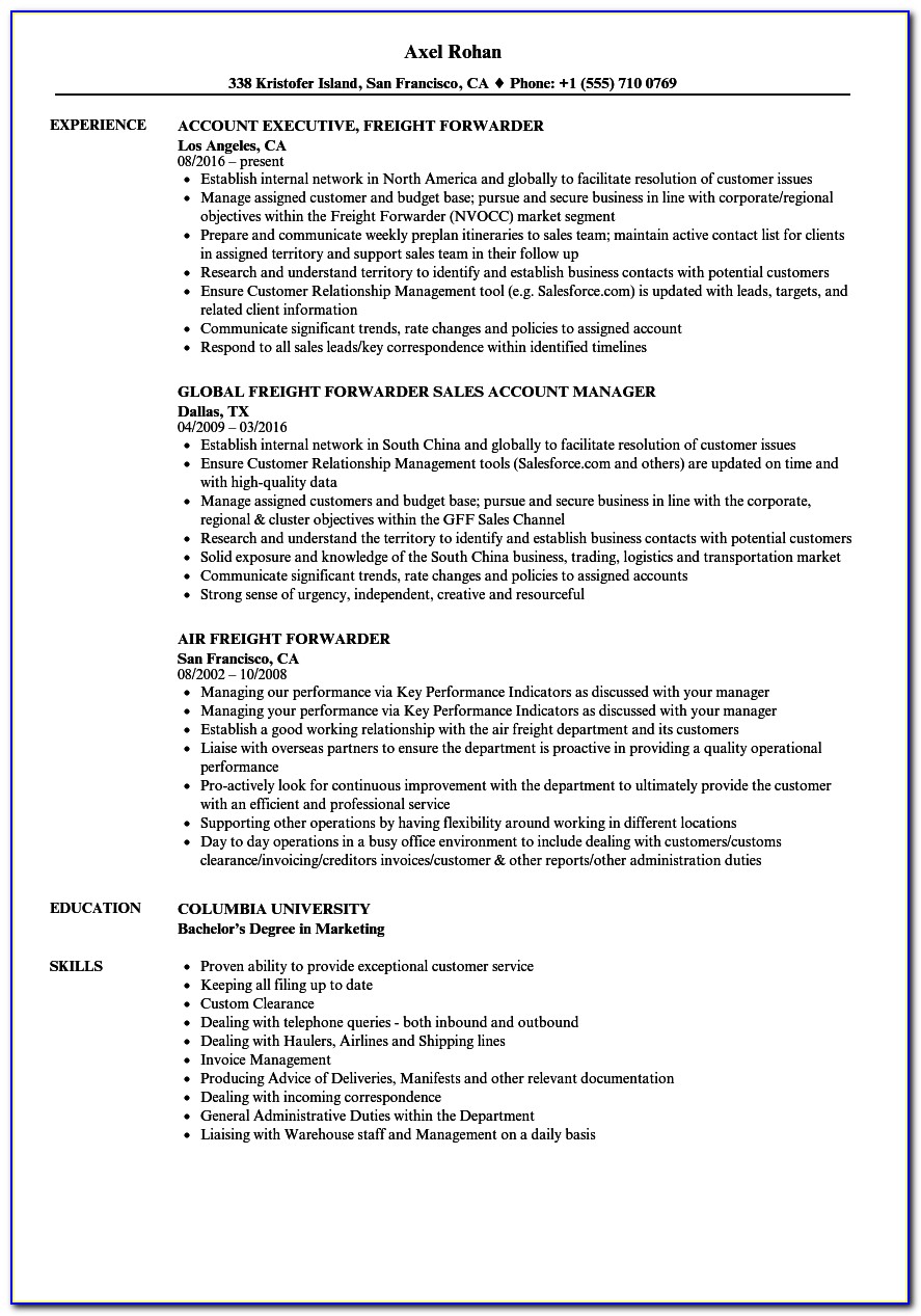 Resume For Freight Forwarding Company
