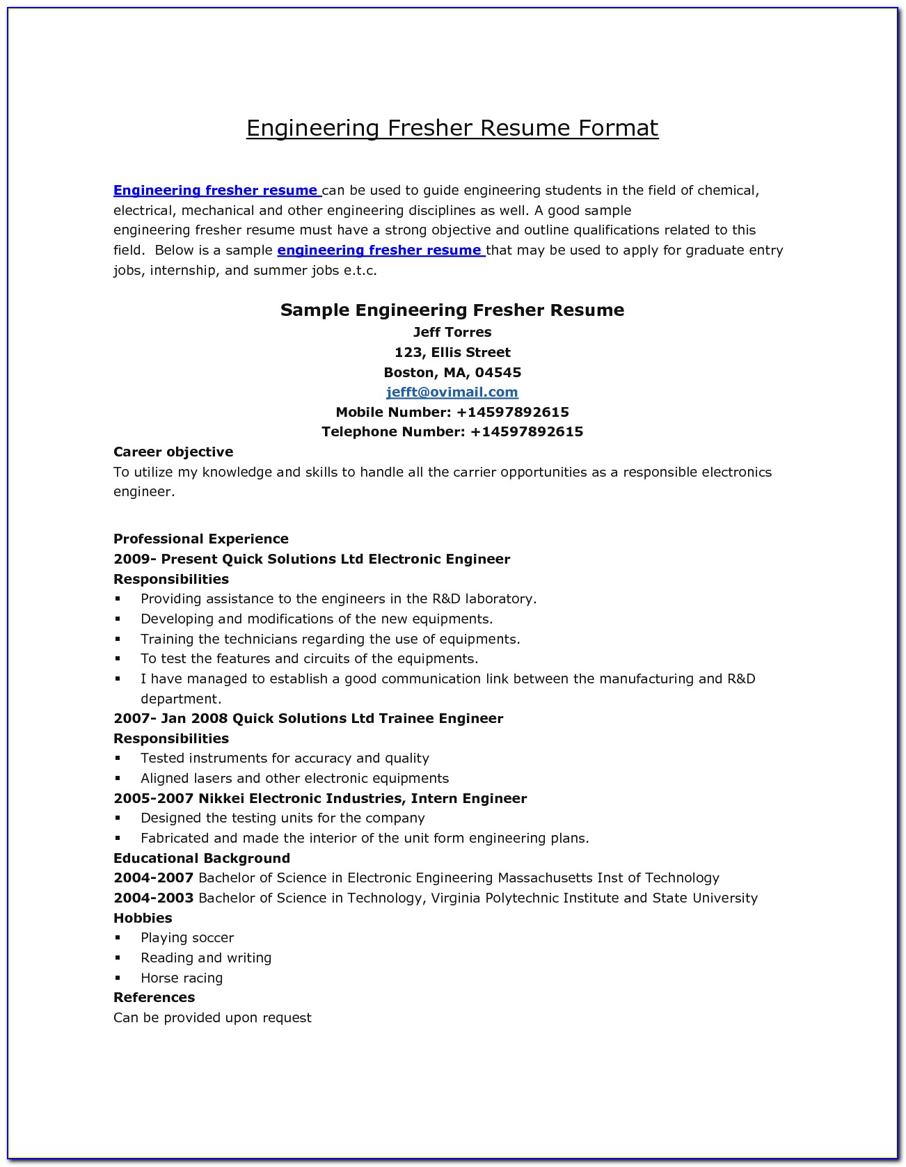 Resume For Freshers Engineers Ece