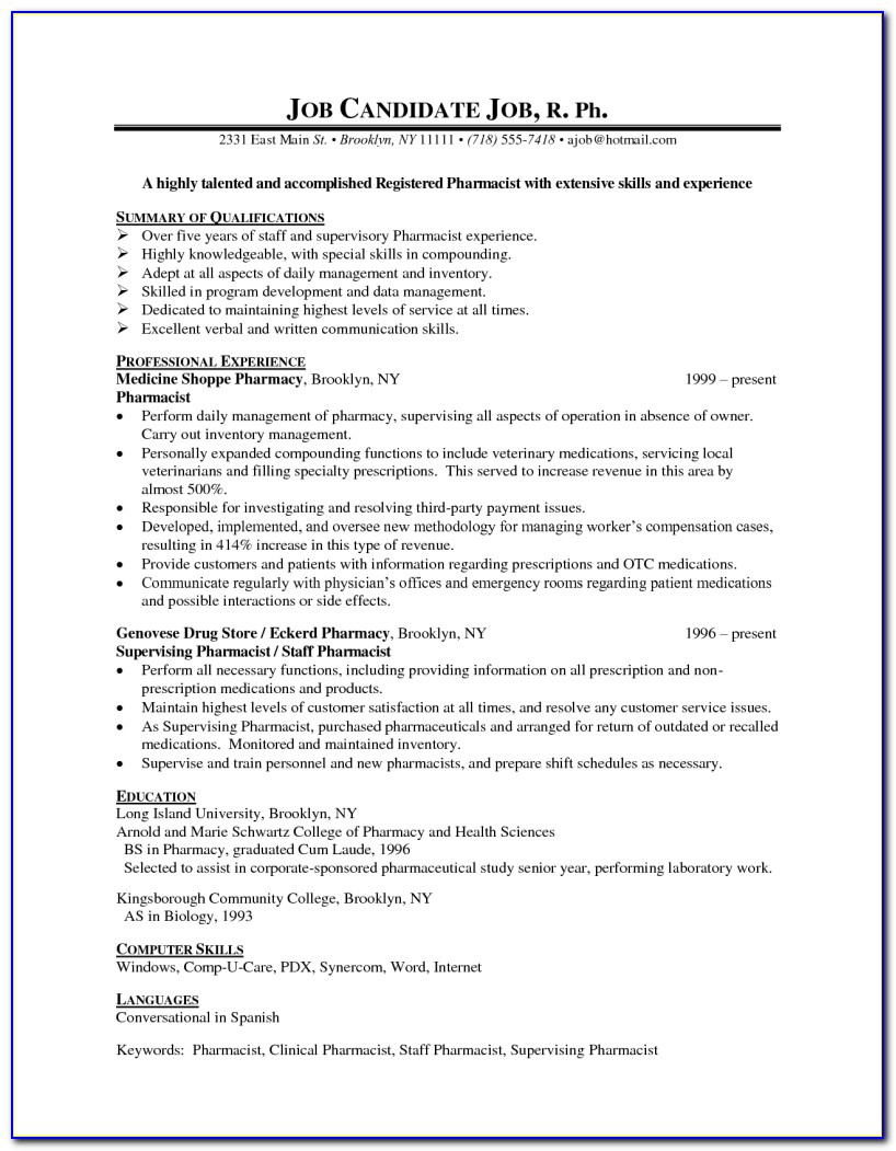 Resume For Pharmacy Technician In Hospital