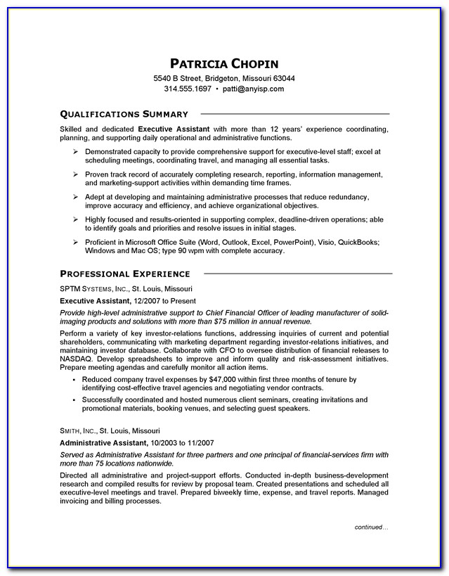 Resume Format For Executive Assistant