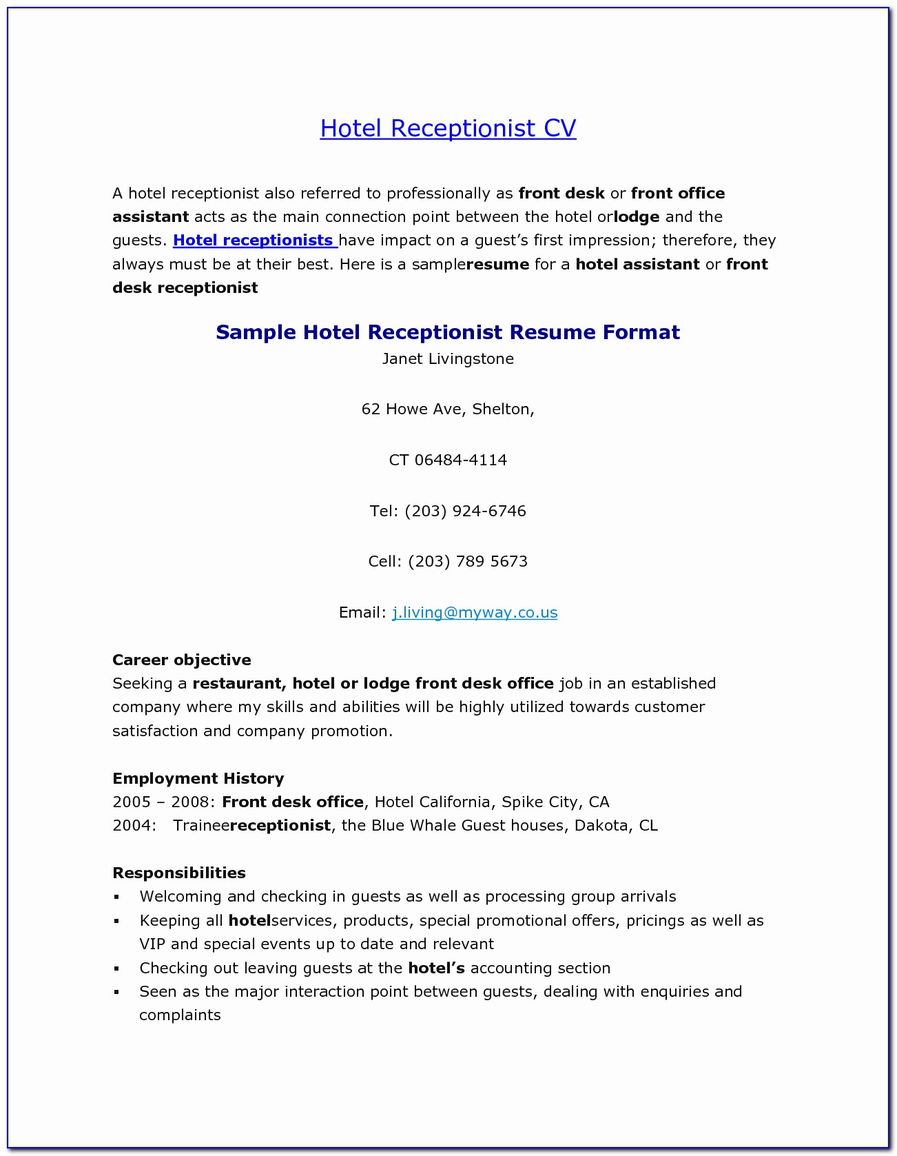 Resume Format For Hoteliers
