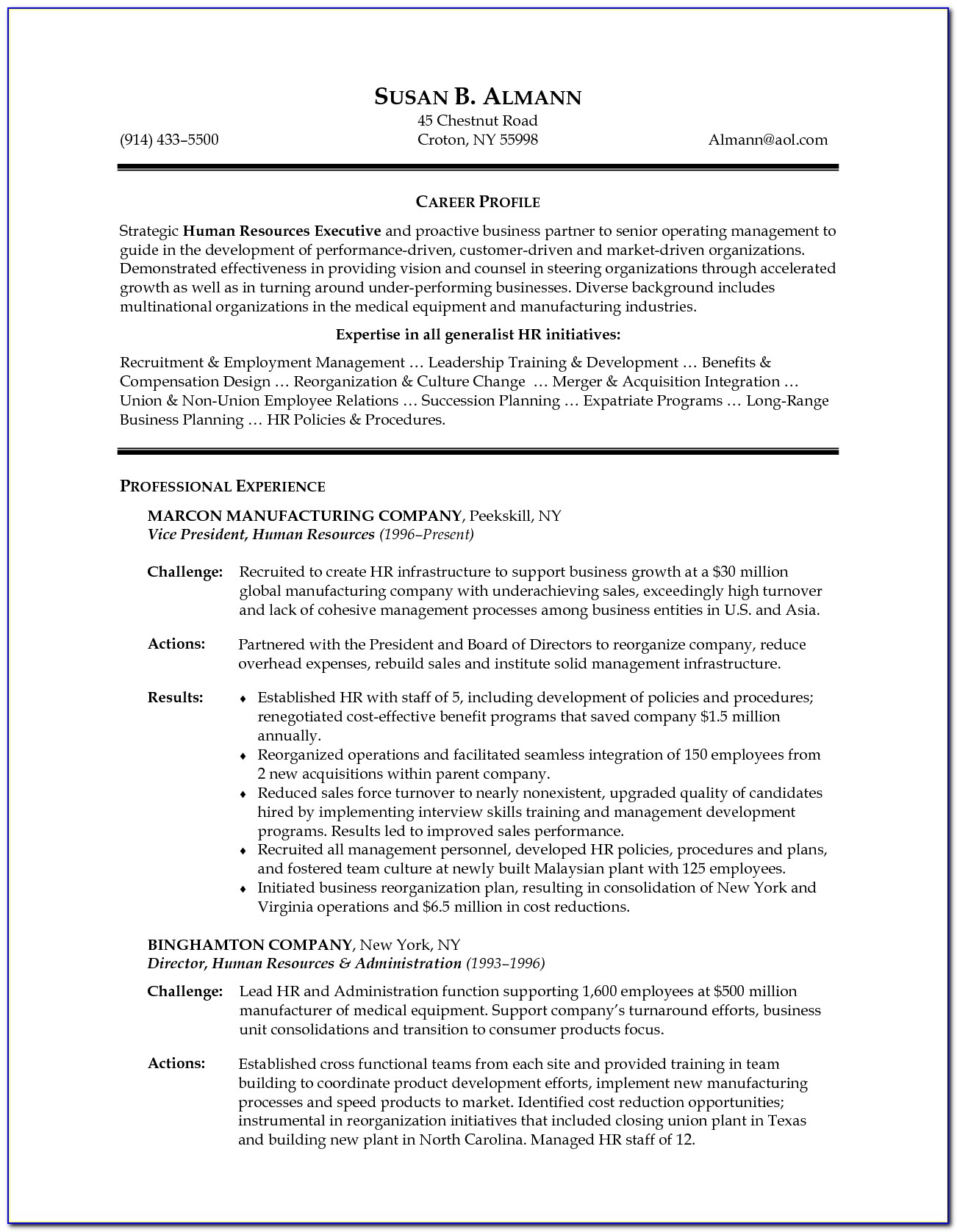 Resume Format For Mba Hr Executive