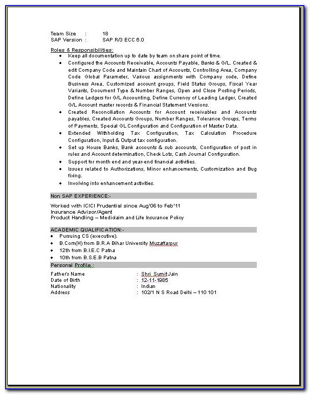 Resume Format For Sap Fico Freshers