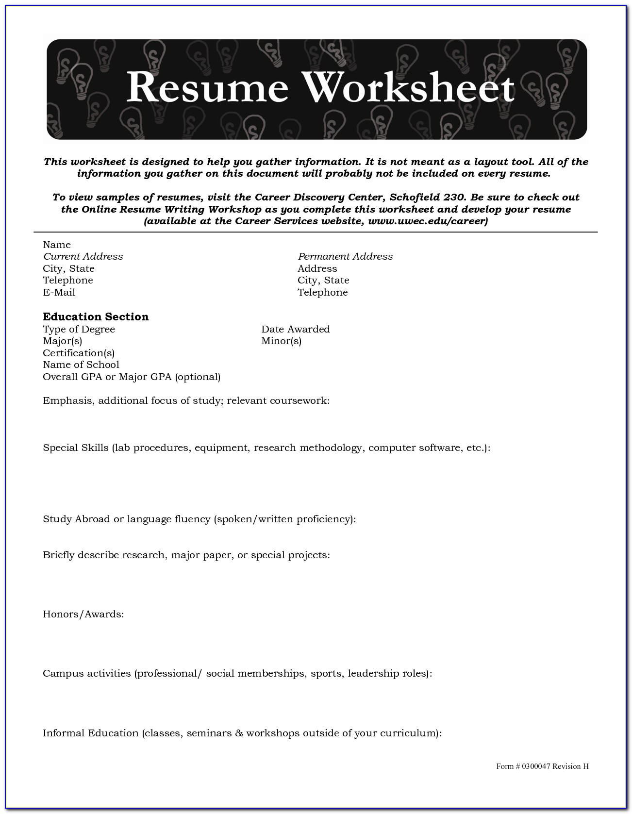 Resume Prep Worksheet