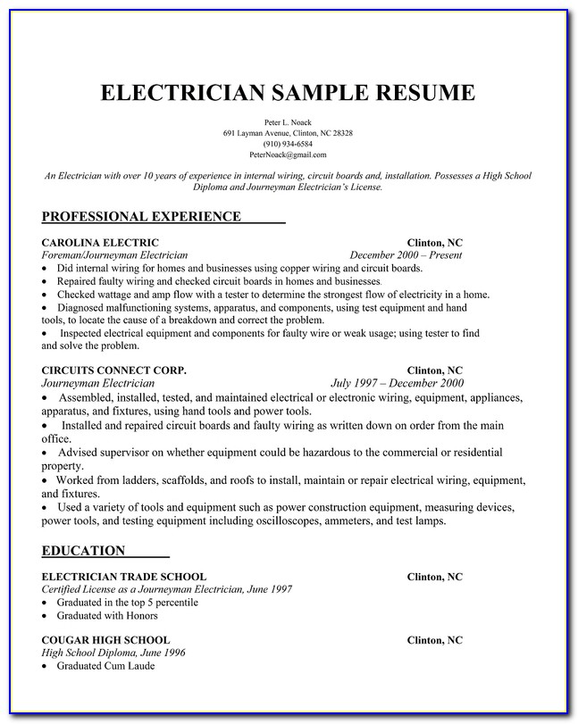 Resume Samples For Electricians Maintenance