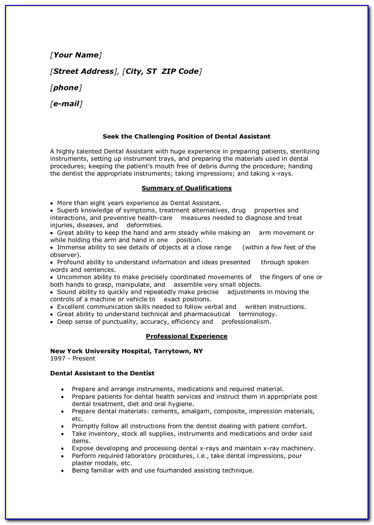 Resume Summary For Dental Assistant
