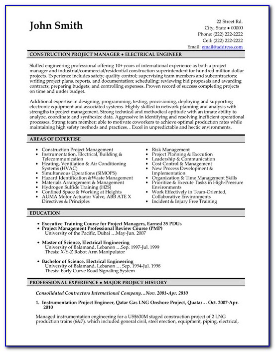 Resume Template For Project Manager