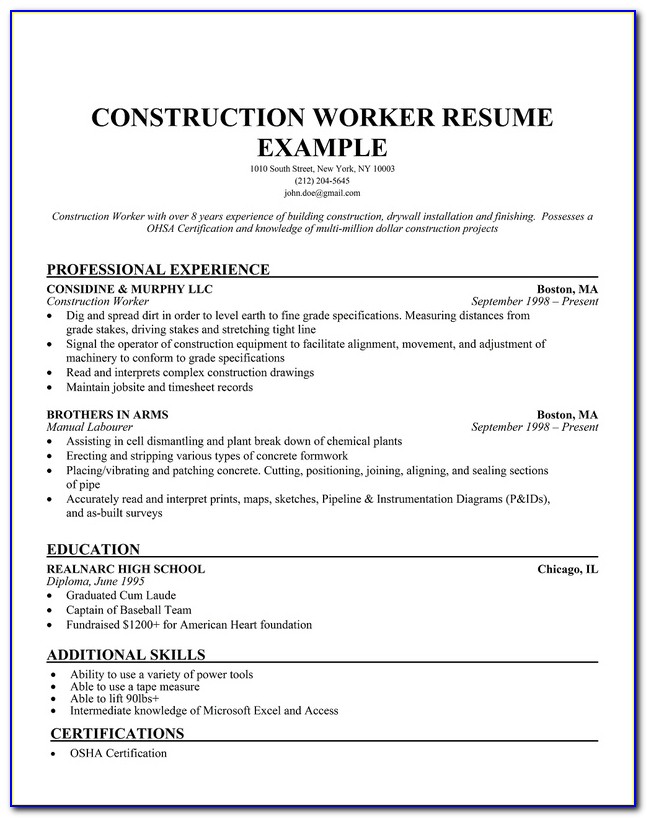 Resume Templates Construction Project Manager