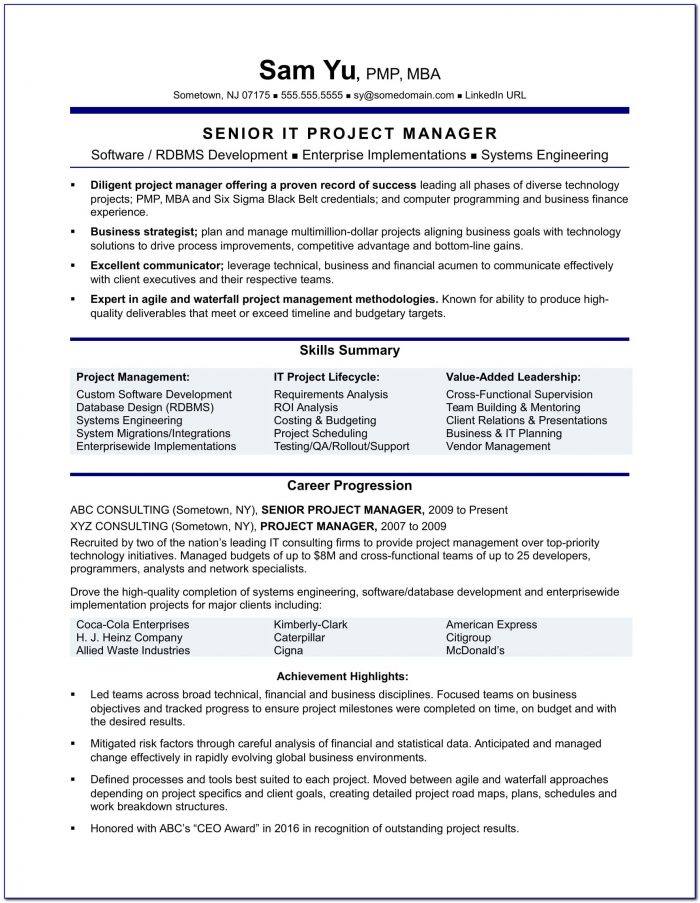 Resume Templates For Construction Project Manager
