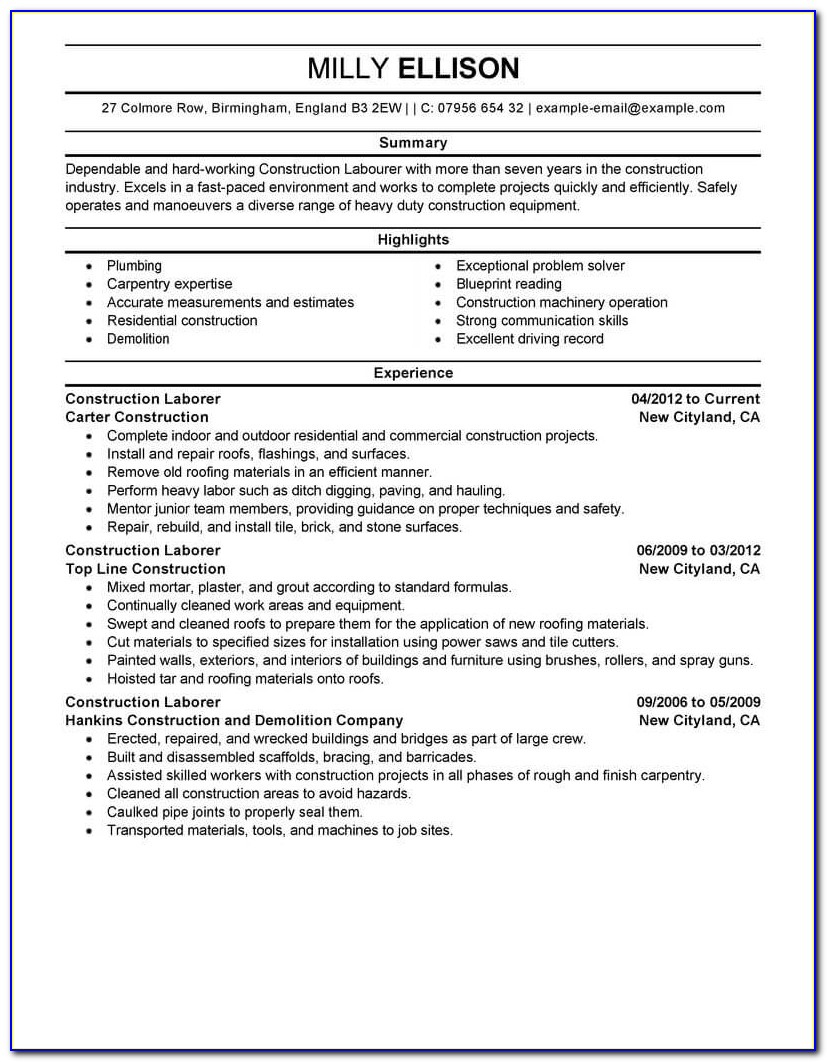 Resume Templates For Construction Workers