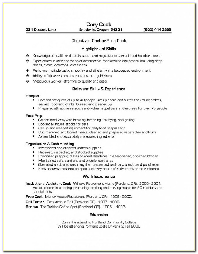 Resume Templates For Cooks
