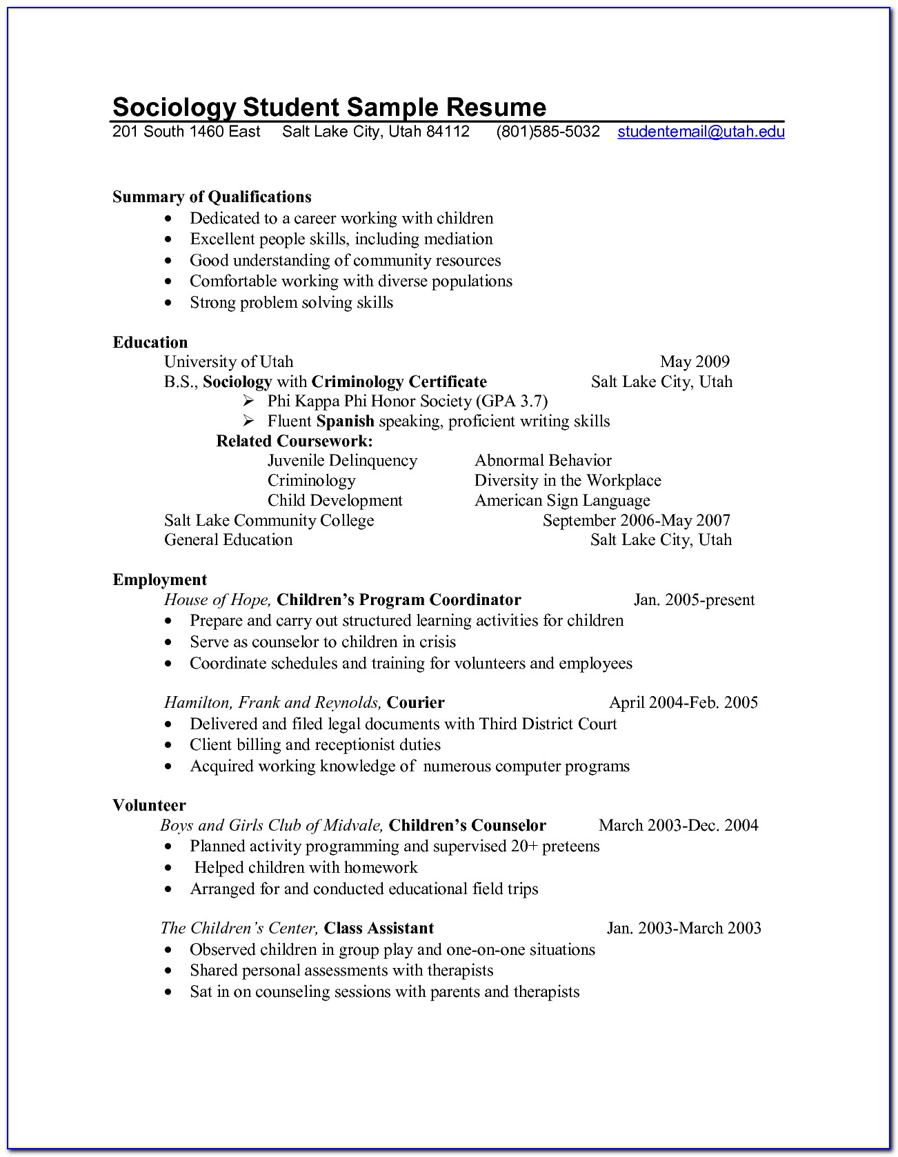 Resume Templates For Sociology Majors