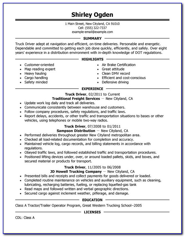 Resume Templates For Truck Drivers