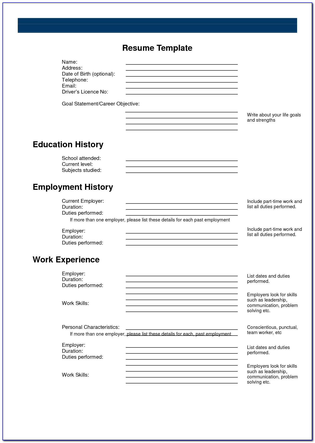 Resume Writing Template Printable