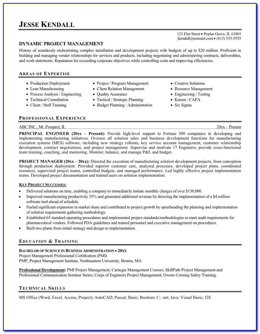 Resumes For Project Managers In Construction