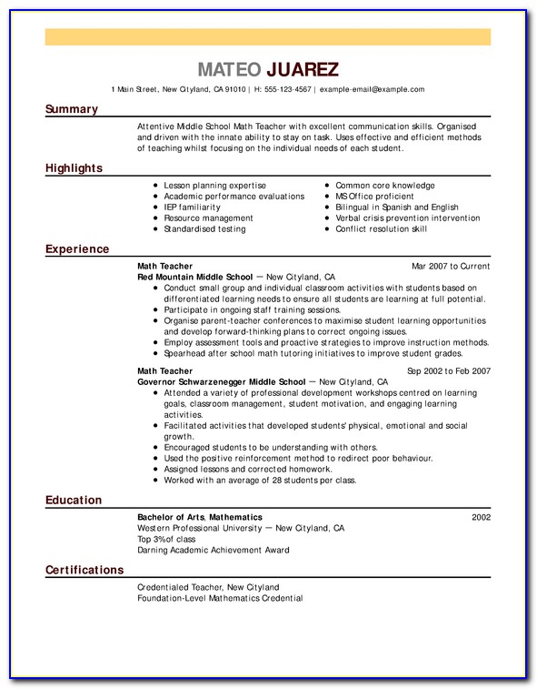 Resumes For Teachers With Experience