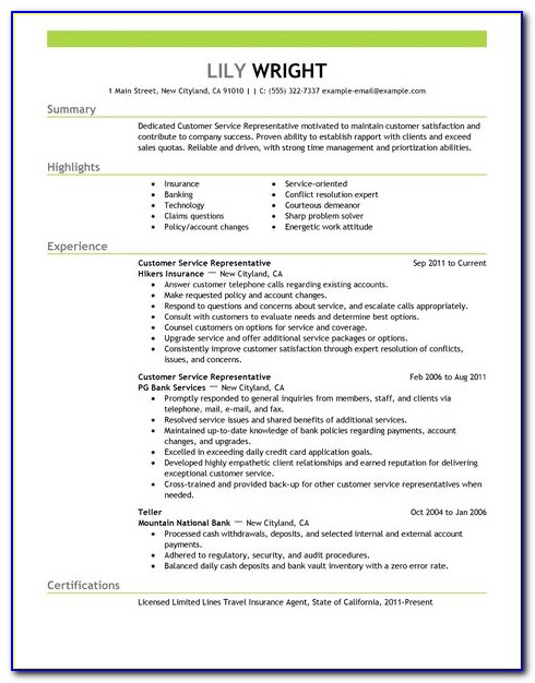Sample Of Resume For Customer Service Representative