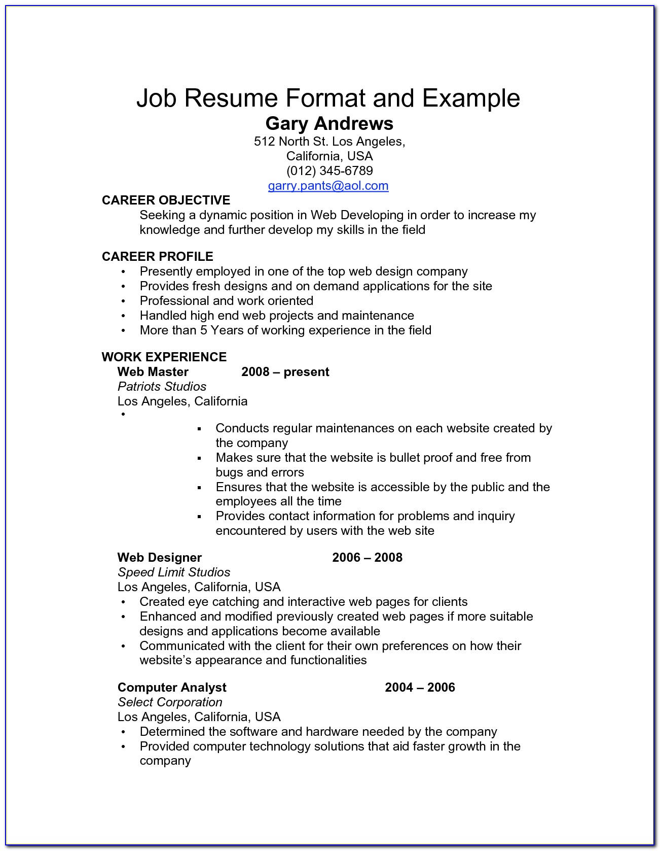 Sample Of Resume For Job Application Pdf