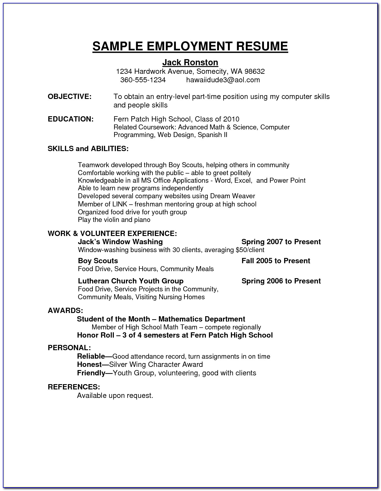 Sample Of Resume For Job Application