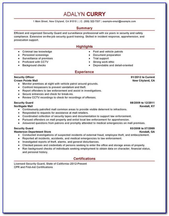 Sample Of Security Guard Resume