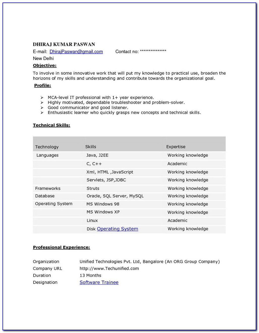 Sample Resume For .net Developer Experience