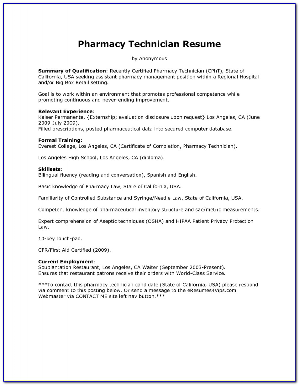 Sample Resume For A Pharmacy Technician