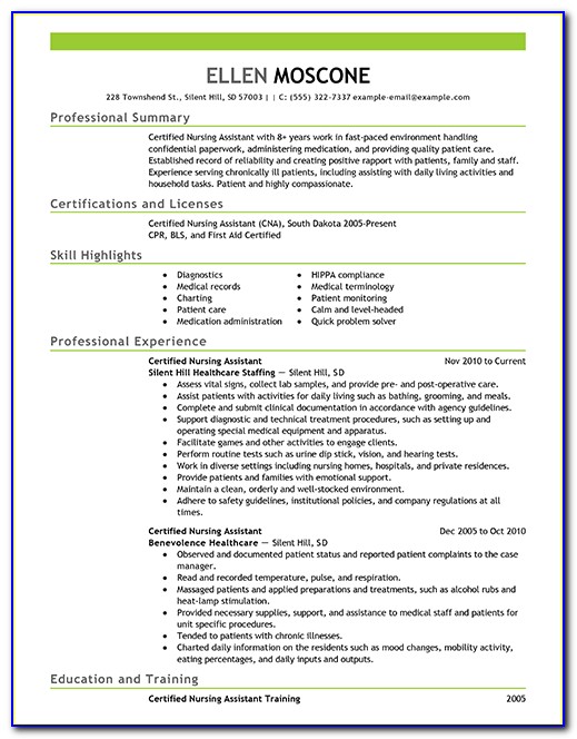 Sample Resume For Certified Nurse Aide