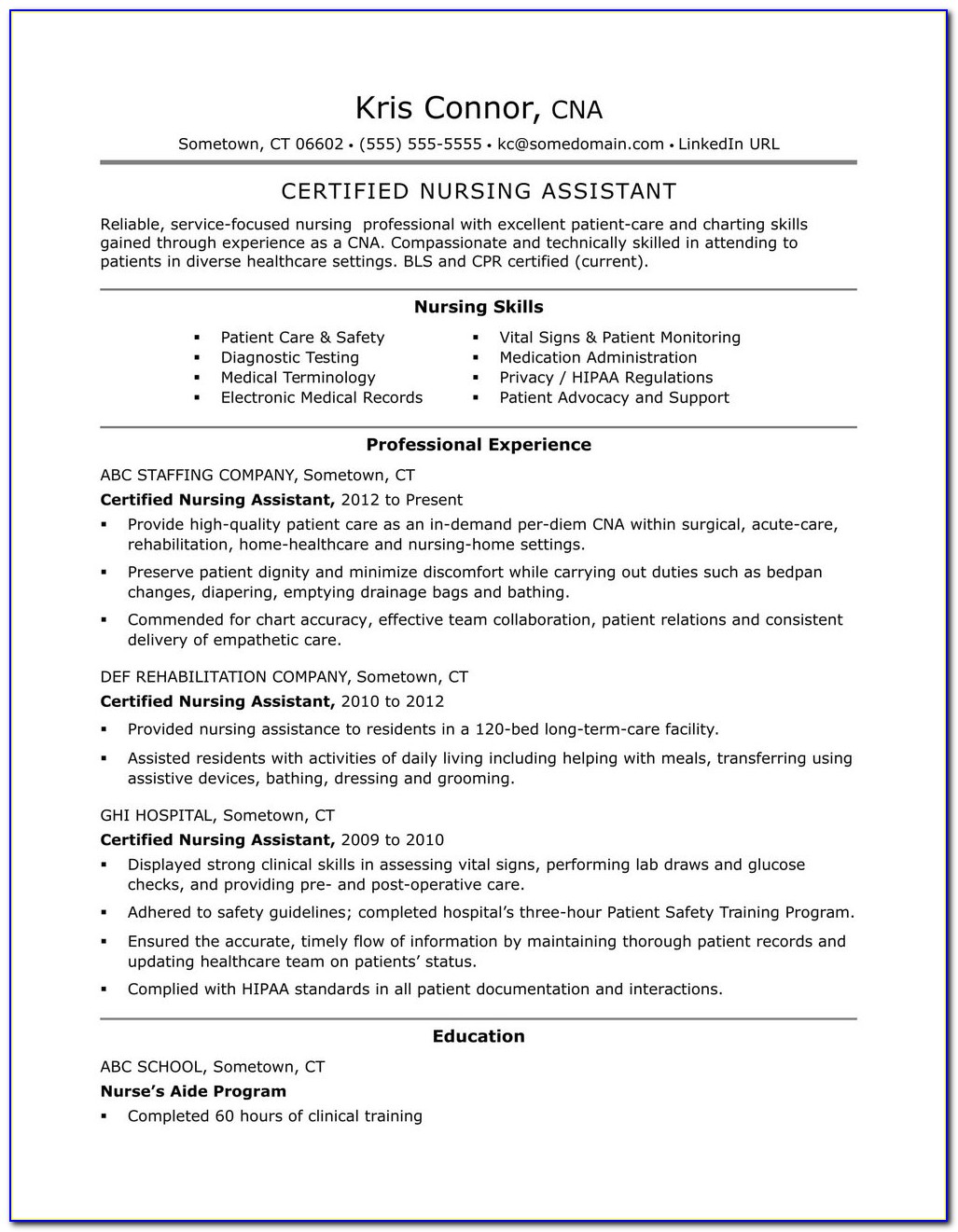 Sample Resume For Cna Position