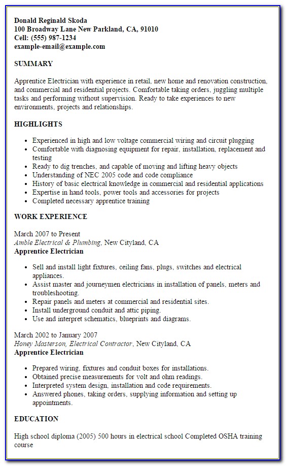 Sample Resume For Electrician Technician