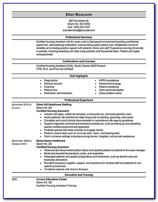 Sample Resume For Entry Level Certified Nursing Assistant