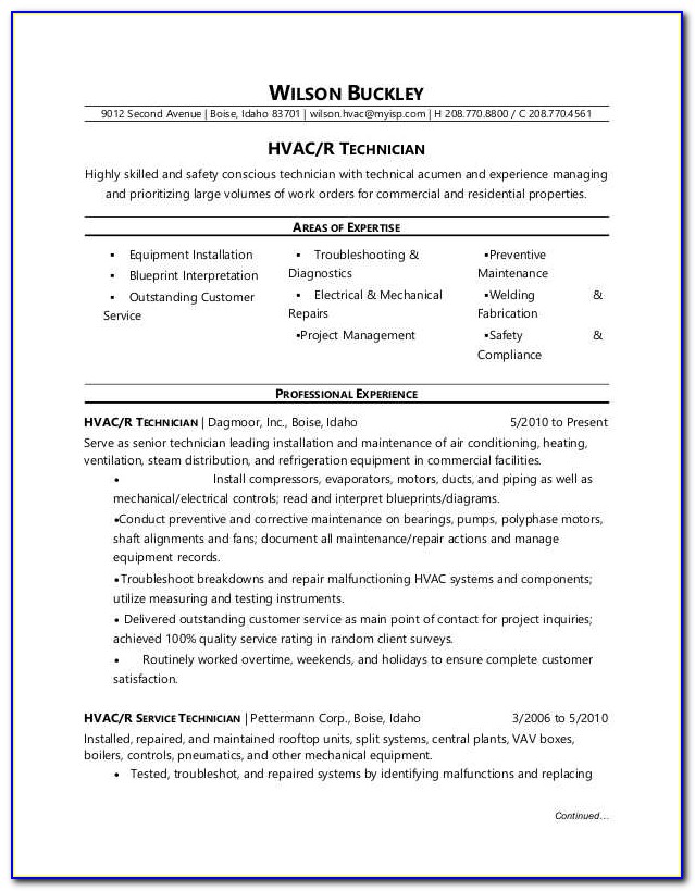 Sample Resume For Hvac Technician