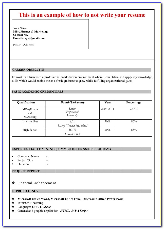 Sample Resume For Mba Freshers Doc