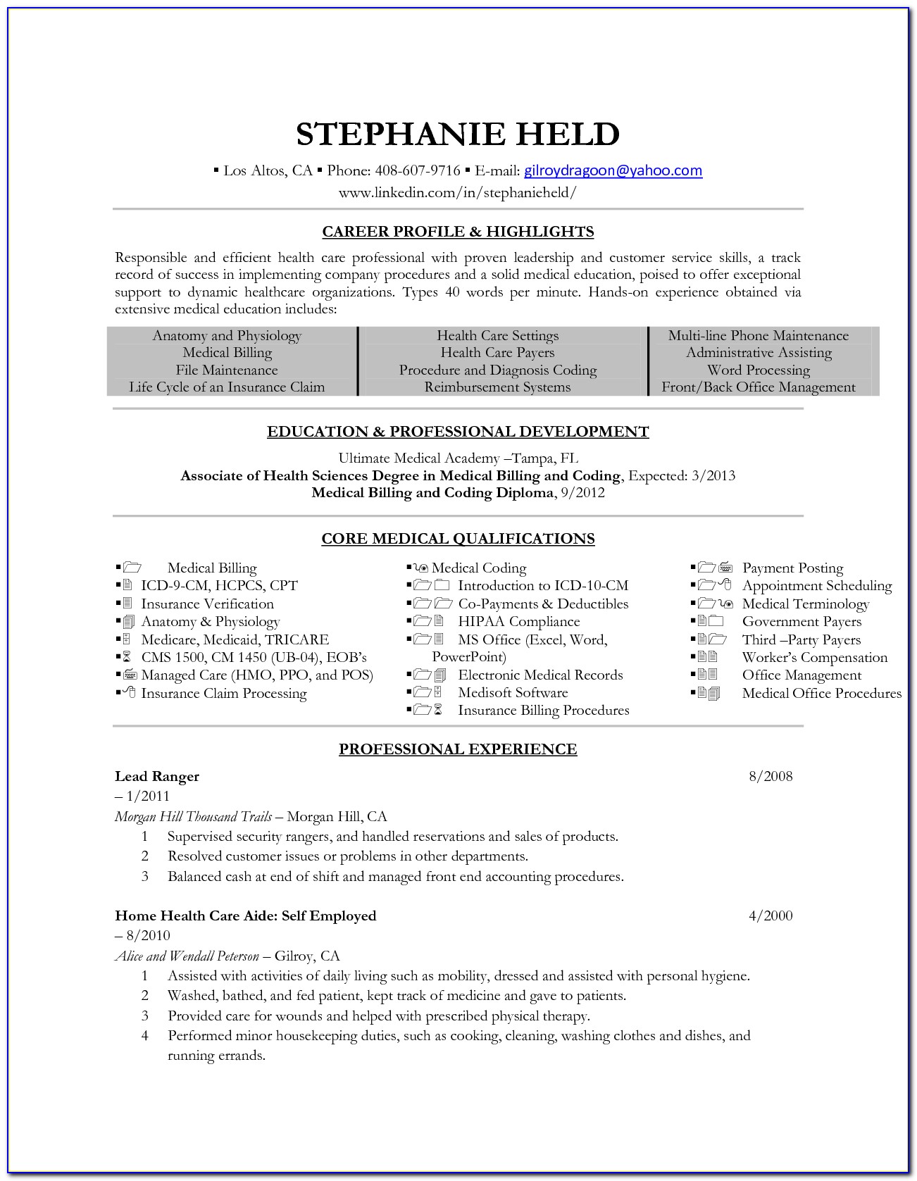 Sample Resume For Medical Billing And Coding Student