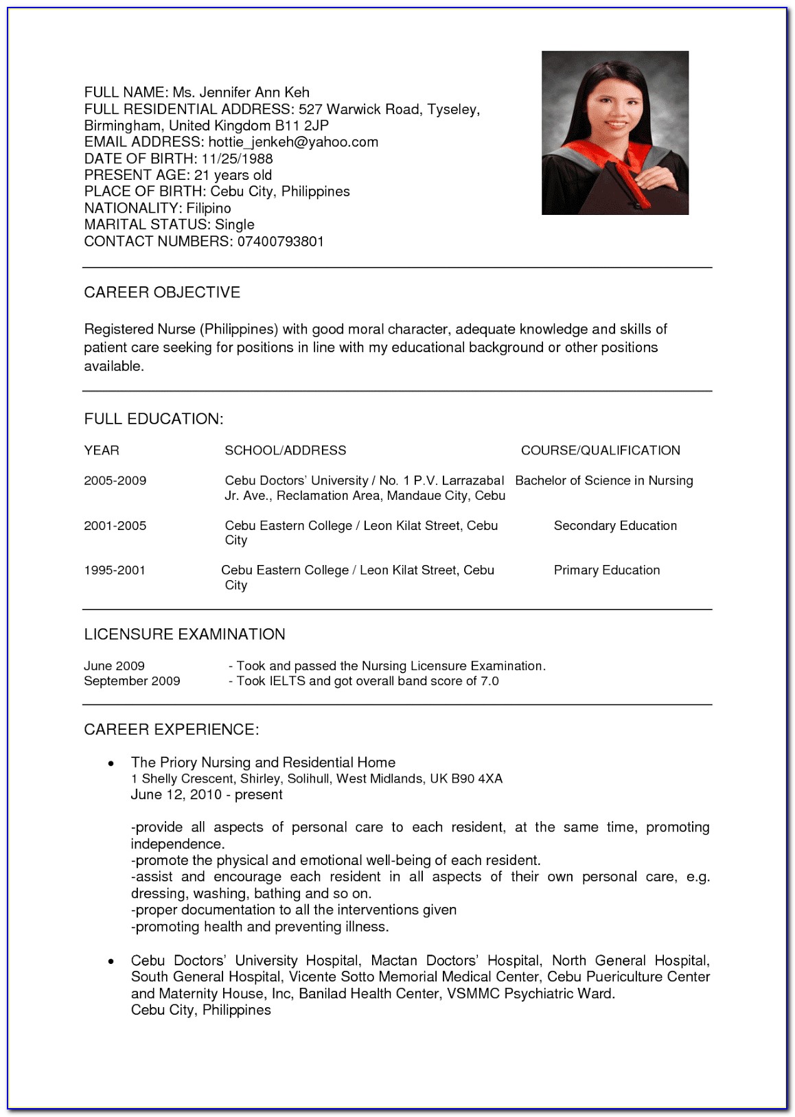 Sample Resume For Rn With One Year Experience