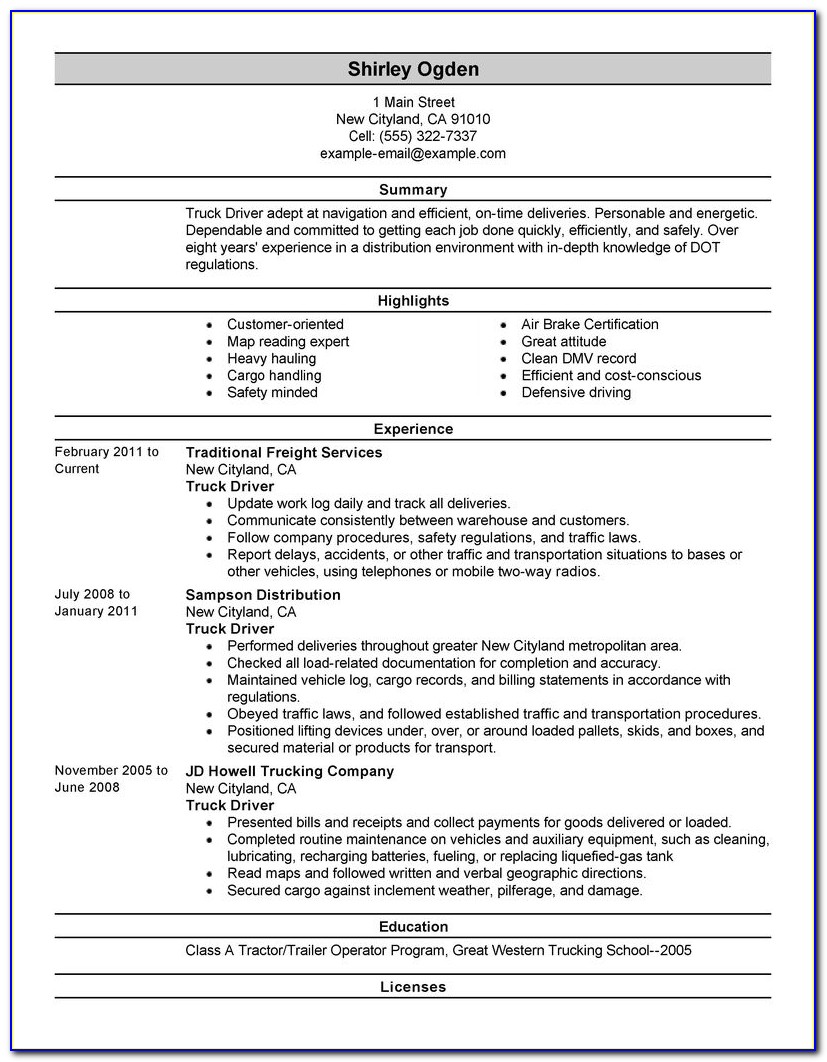 Sample Resume For Truck Drivers