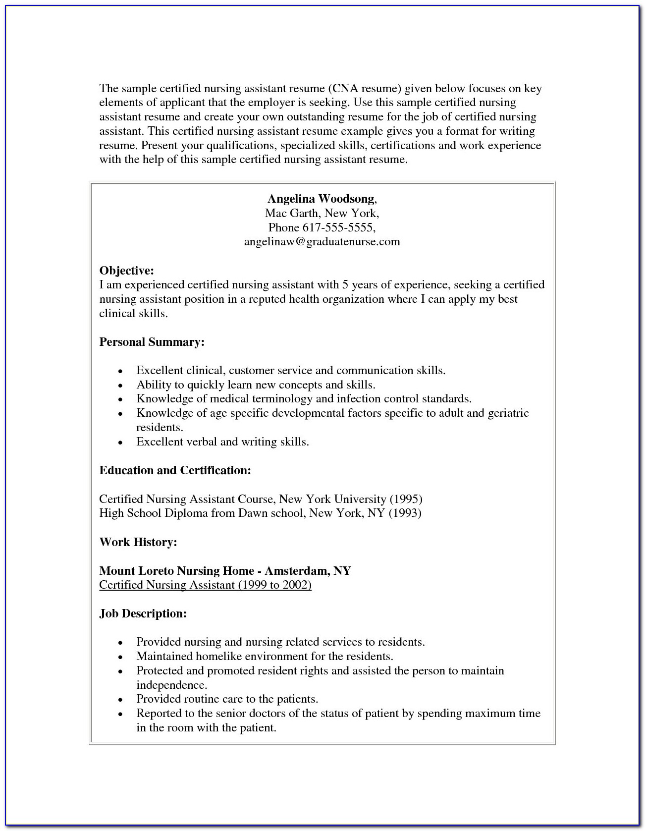 Entry Level Nursing Assistant Resume Resume Examples For Cna